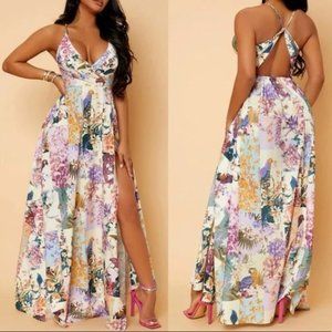 Floral open back slit thigh Maxi Dress shabby chic